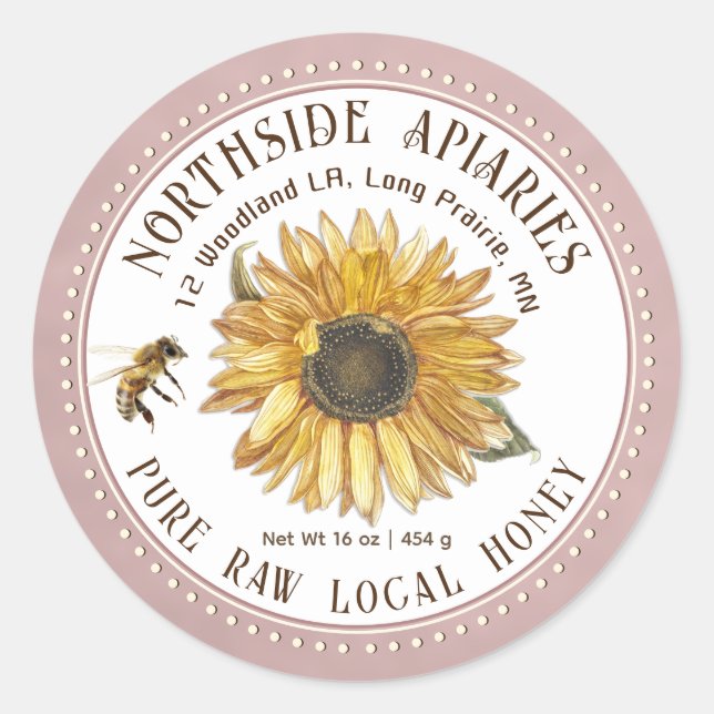 Sunflower and Bee Honey Label Pink Dotted Border   (Front)