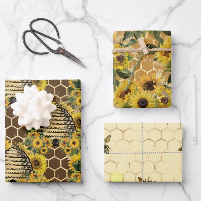 Sunflower and Bee Series Design One Wrapping Paper Sheet (Front)
