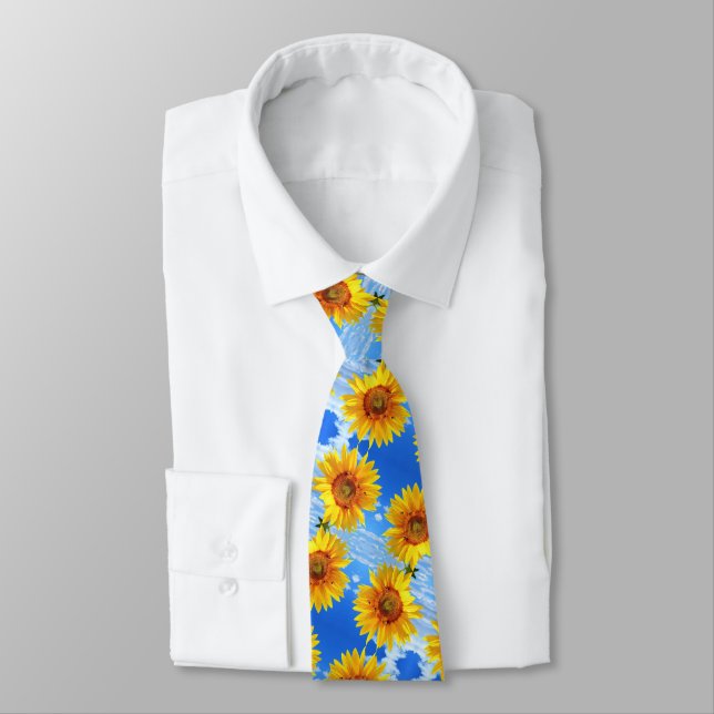 Sunflower and Bees on Blue Sky - Fresh Party  Tie (Tied)