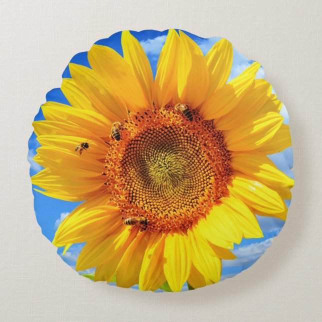 Sunflower and Bees Round Pillow (Front)