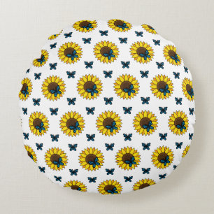 Sunflower and Blue Butterfly Round Cushion