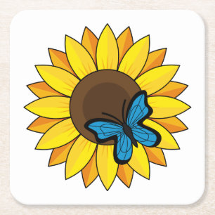 Sunflower and Blue Butterfly Square Paper Coaster