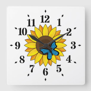 Sunflower and Blue Butterfly Square Wall Clock