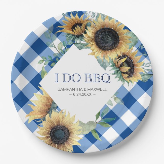 Sunflower and Blue Gingham I Do BBQ Paper Plate (Front)