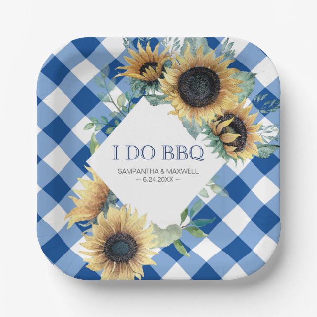 Sunflower and Blue Gingham I Do BBQ Paper Plate (Front)