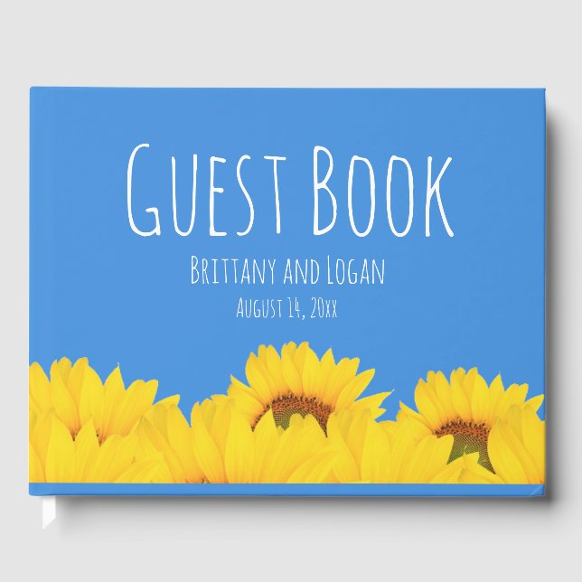 Sunflower and Blue Personalised Summer Wedding Guest Book (Front)