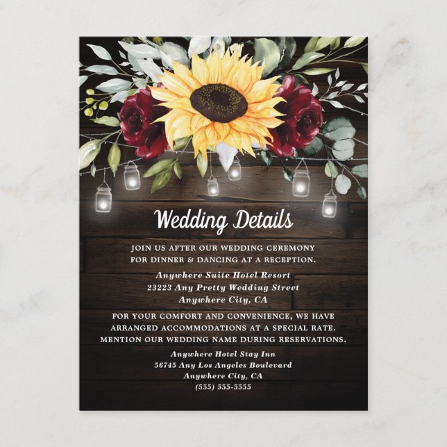 Sunflower and Burgundy Red Rose Rustic Wedding Enclosure Card (Front)