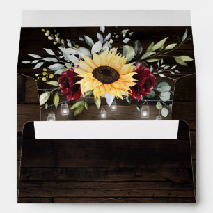 Sunflower and Burgundy Red Rose Rustic Wedding Envelope
