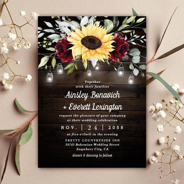Sunflower and Burgundy Red Rose Rustic Wedding Invitation (Creator Uploaded)