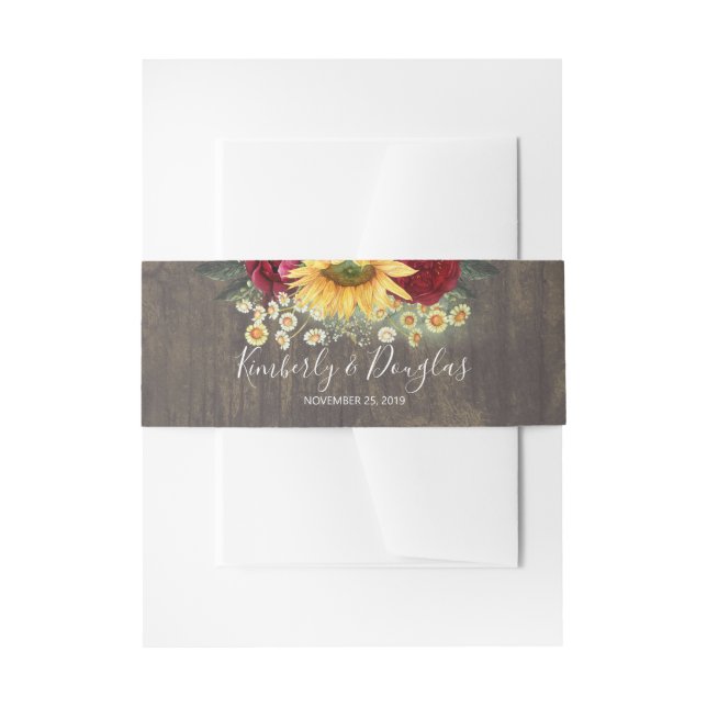 Sunflower and Burgundy Red Roses Rustic Fall Invitation Belly Band (Front Example)