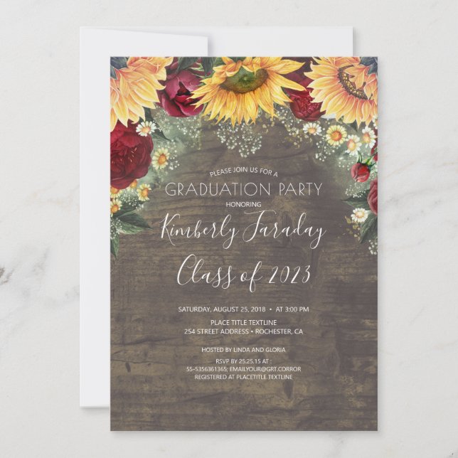 Sunflower and Burgundy Rose Rustic Graduation Invitation (Front)