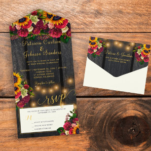 Sunflower and burgundy roses rustic fall wedding all in one invitation