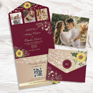 Sunflower and Burgundy Wedding QR Code All In One Invitation