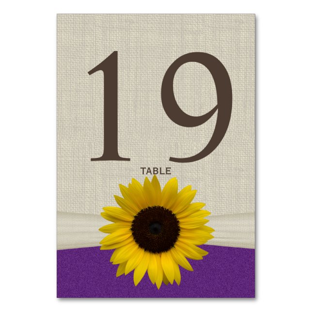 Sunflower and Burlap Purple Table Number Card (Front)