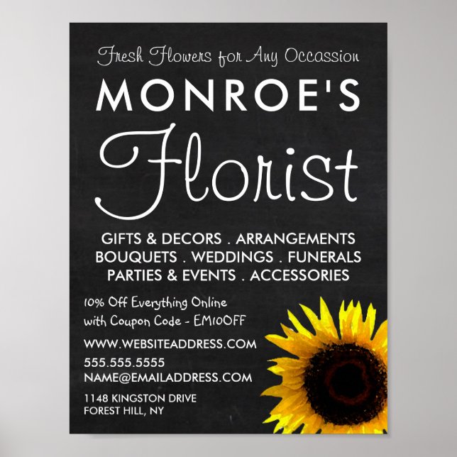 Sunflower and Chalkboard, Floristry Advertising Poster (Front)
