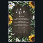 Sunflower and Daisy Rustic Wood Wedding Menu Cards<br><div class="desc">Design features a brown barn wood background decorated with watercolor daisies,  sunflowers,  greenery,  eucalyptus,  baby's breath,  and lily of the valley.
You can use the template as is or add more meals,  desserts and more. This template is fully customisable.</div>