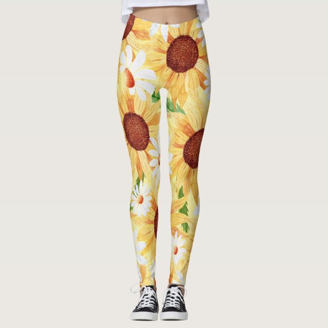 Sunflower and Daisy Watercolor  Leggings (Front)