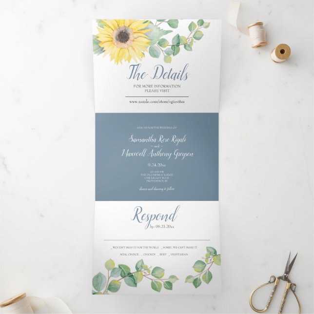Sunflower and Eucalyptus All In One Wedding Invite (Inside)