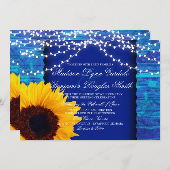 Sunflower and Fairy Lights Blue Wedding Invites (Front/Back)