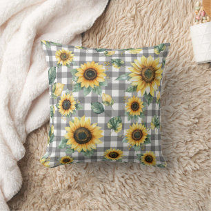 Sunflower and Gingham Rustic Farmhouse  Cushion