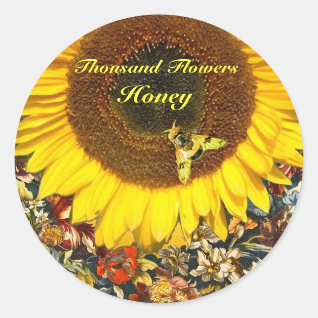 SUNFLOWER AND HONEY BEE FLORAL BEEKEEPING CLASSIC ROUND STICKER (Front)