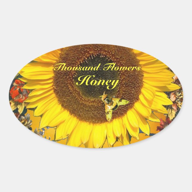 SUNFLOWER AND HONEY BEE FLORAL BEEKEEPING OVAL STICKER (Front)