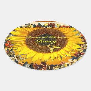 SUNFLOWER AND HONEY BEE FLORAL BEEKEEPING OVAL STICKER
