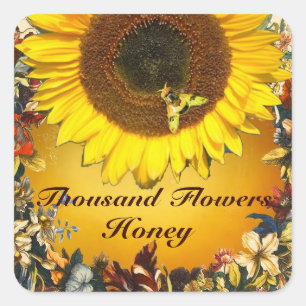 SUNFLOWER AND HONEY BEE FLORAL BEEKEEPING SQUARE STICKER