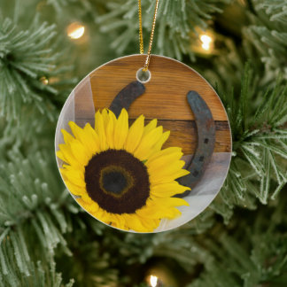 Sunflower and Horseshoe Country Western Wedding Ceramic Tree Decoration
