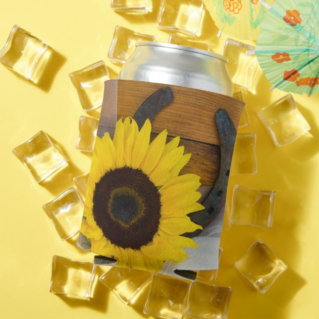 Sunflower and Horseshoe Western Wedding Favor Can Cooler (In Situ Summer)