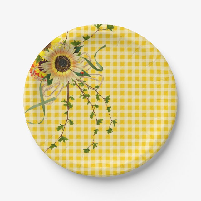 sunflower and ivy bouquet with lady bug paper plate (Front)