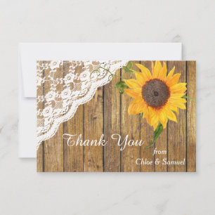 Sunflower and Lace on Wood Wedding Thank You Card