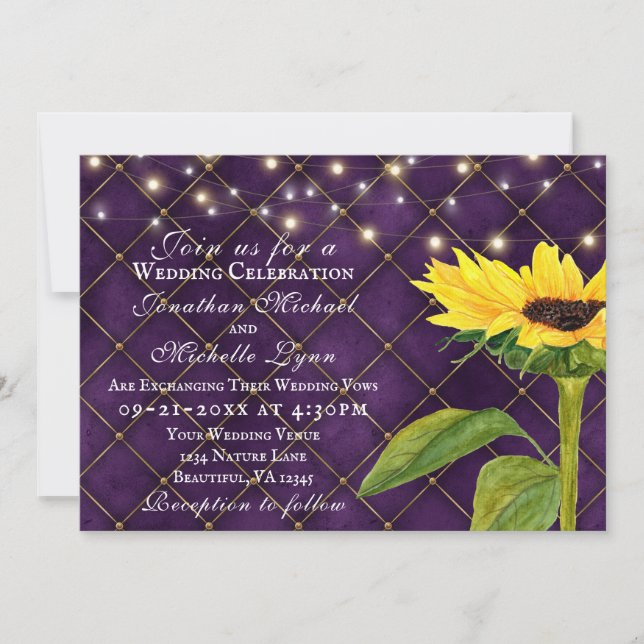Sunflower and Lights on Purple All In One Wedding Invitation (Front)
