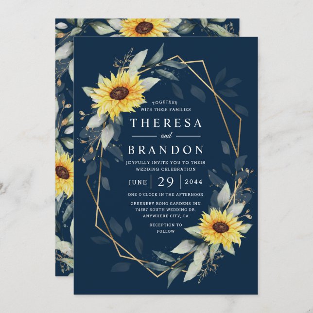 Sunflower and Navy Blue Geometric Rustic Wedding Invitation (Front/Back)