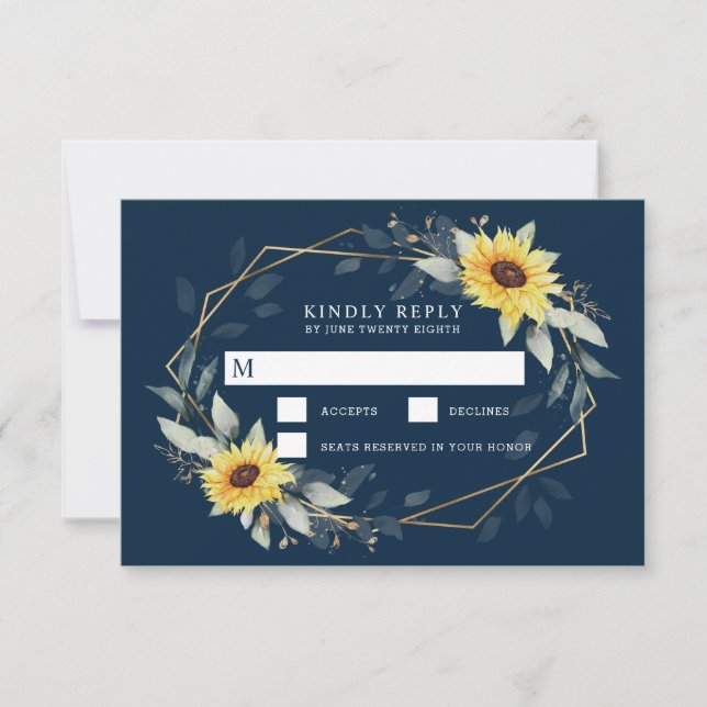 Sunflower and Navy Blue Geometric Rustic Wedding RSVP Card (Front)