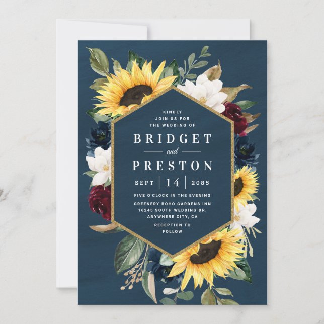 Sunflower and Navy Blue Magnolia Burgundy Wedding Invitation (Front)