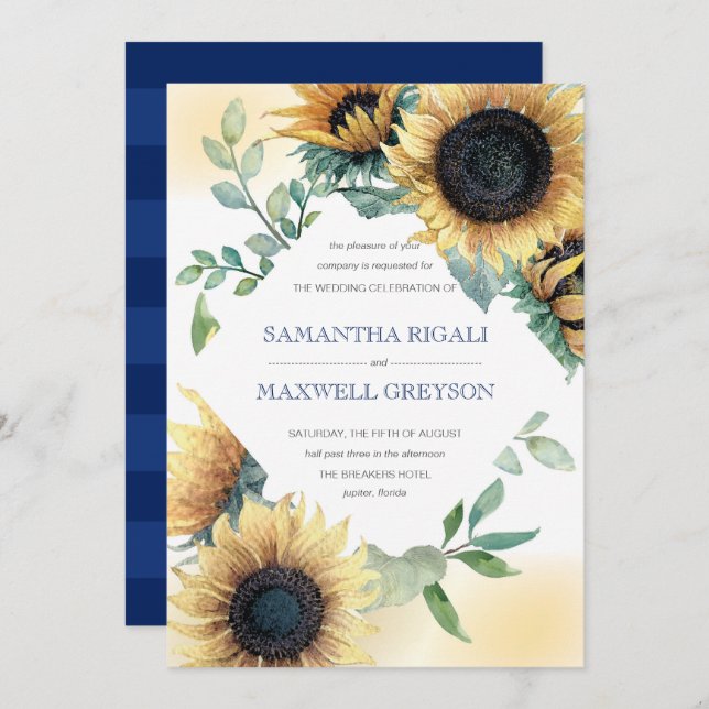 Sunflower and Navy Blue Rustic Wedding Invite (Front/Back)