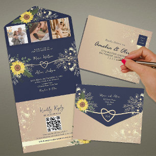 Sunflower and Navy Wedding All In One Invitation