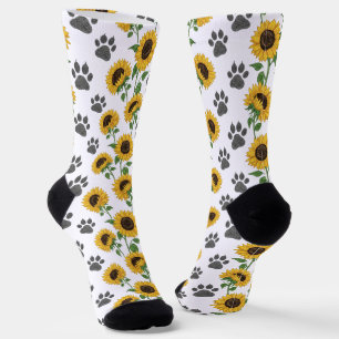 Sunflower and Paw Print Patterned Crew Socks