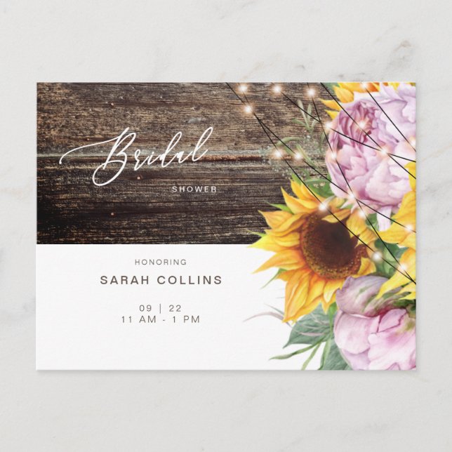 Sunflower and Pink Peony Rustic Bridal Shower  Invitation Postcard (Front)