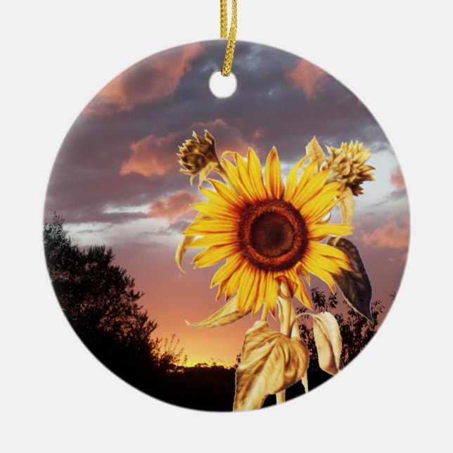 SUNFLOWER AND PINK SUMMER SUNSET CERAMIC TREE DECORATION (Front)