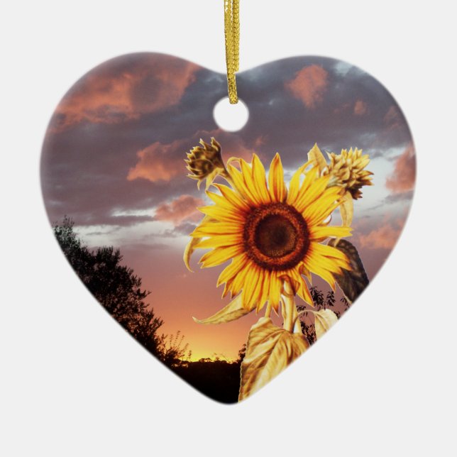SUNFLOWER AND PINK SUMMER SUNSET Heart Ceramic Tree Decoration (Front)