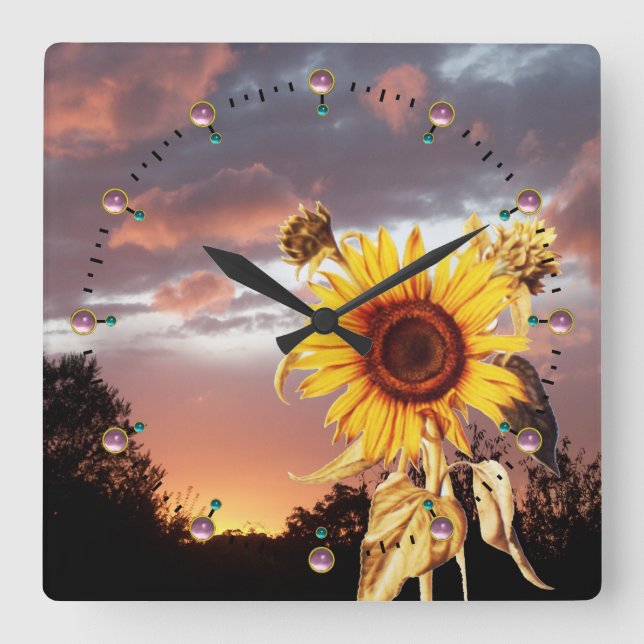 SUNFLOWER AND PINK SUMMER SUNSET WITH PINK CLOUDS SQUARE WALL CLOCK (Front)