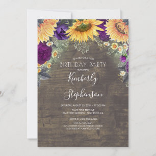 Sunflower and Purple Rose Rustic Birthday Invitation