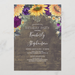 Sunflower and Purple Rose Rustic Birthday Invitation