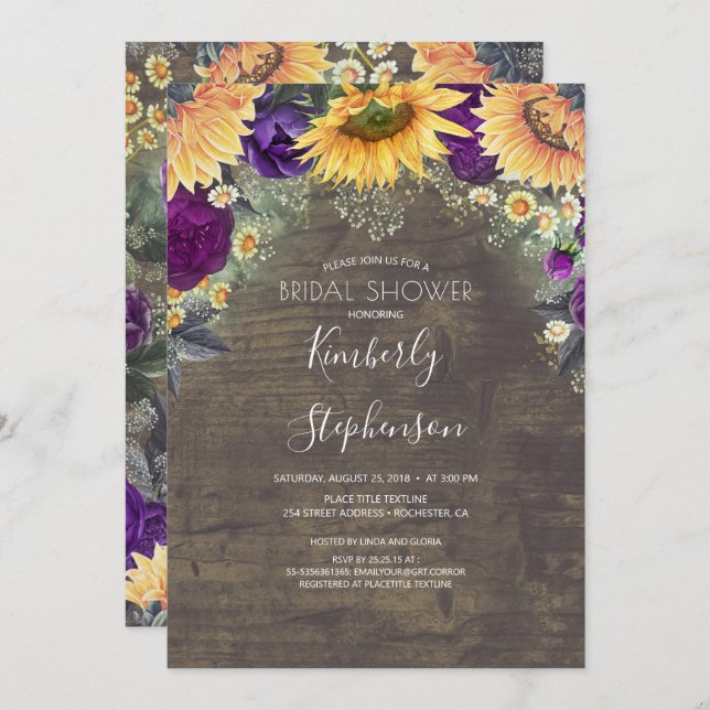 Sunflower and Purple Rose Rustic Bridal Shower Invitation (Front/Back)