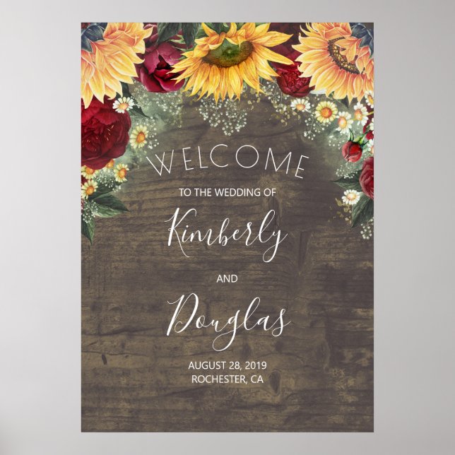 Sunflower and Red Rose Fall Wedding Welcome Sign (Front)