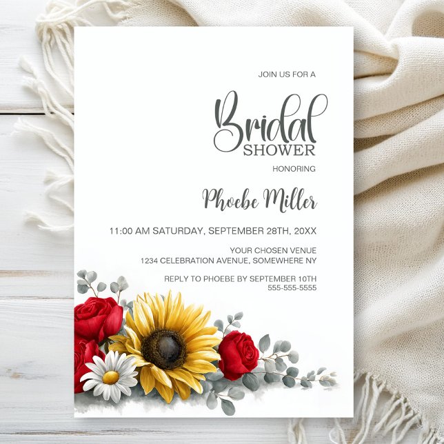 Sunflower and Red Rose Floral Bridal Shower Invitation (Creator Uploaded)