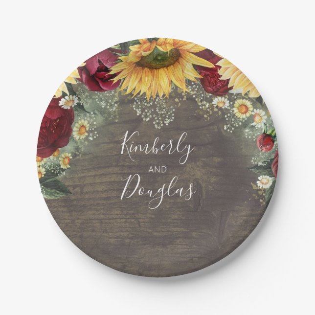 Sunflower and Red Rose Rustic Fall Wedding Paper Plate (Front)