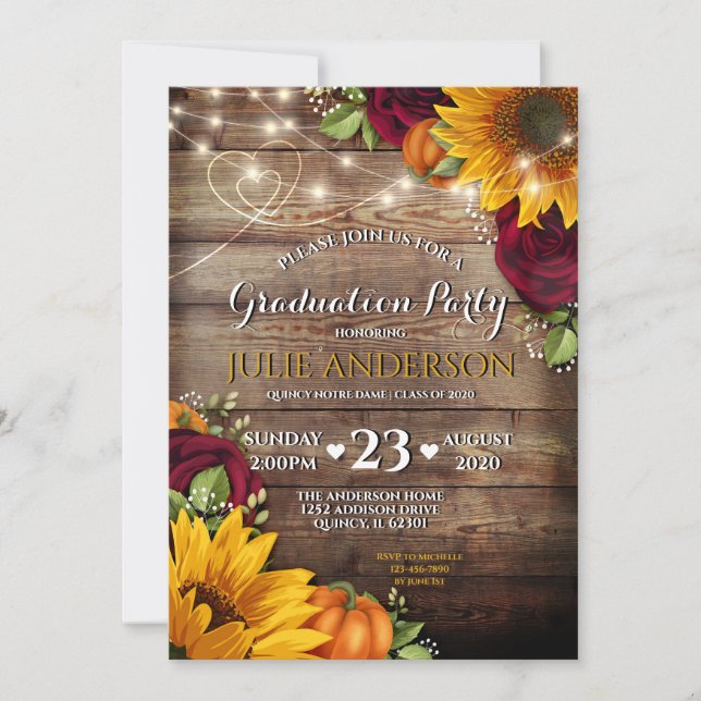 Sunflower and Rose Rustic Graduation Party Invitation (Front)